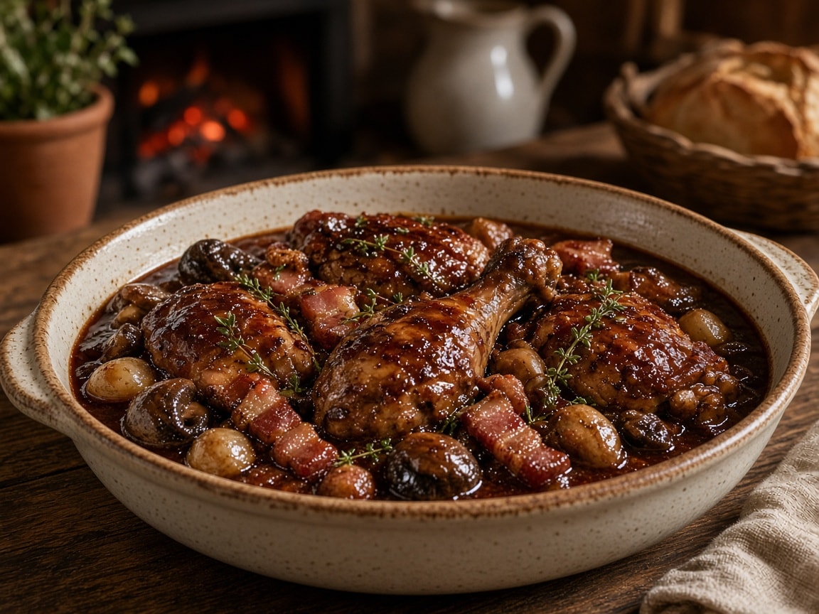 Kyllingestykker i dyb rødvinssauce med svampe, bacon og timian