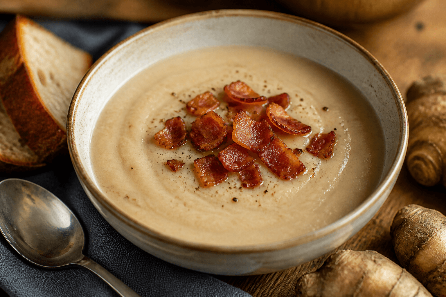 Cremet jordskokkesuppe toppet med sprøde bacontern