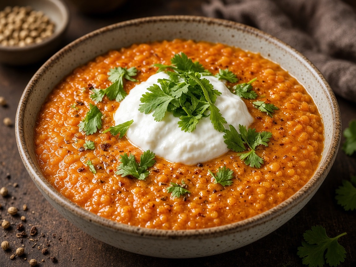 Gul dahl i skål toppet med skyr og frisk koriander