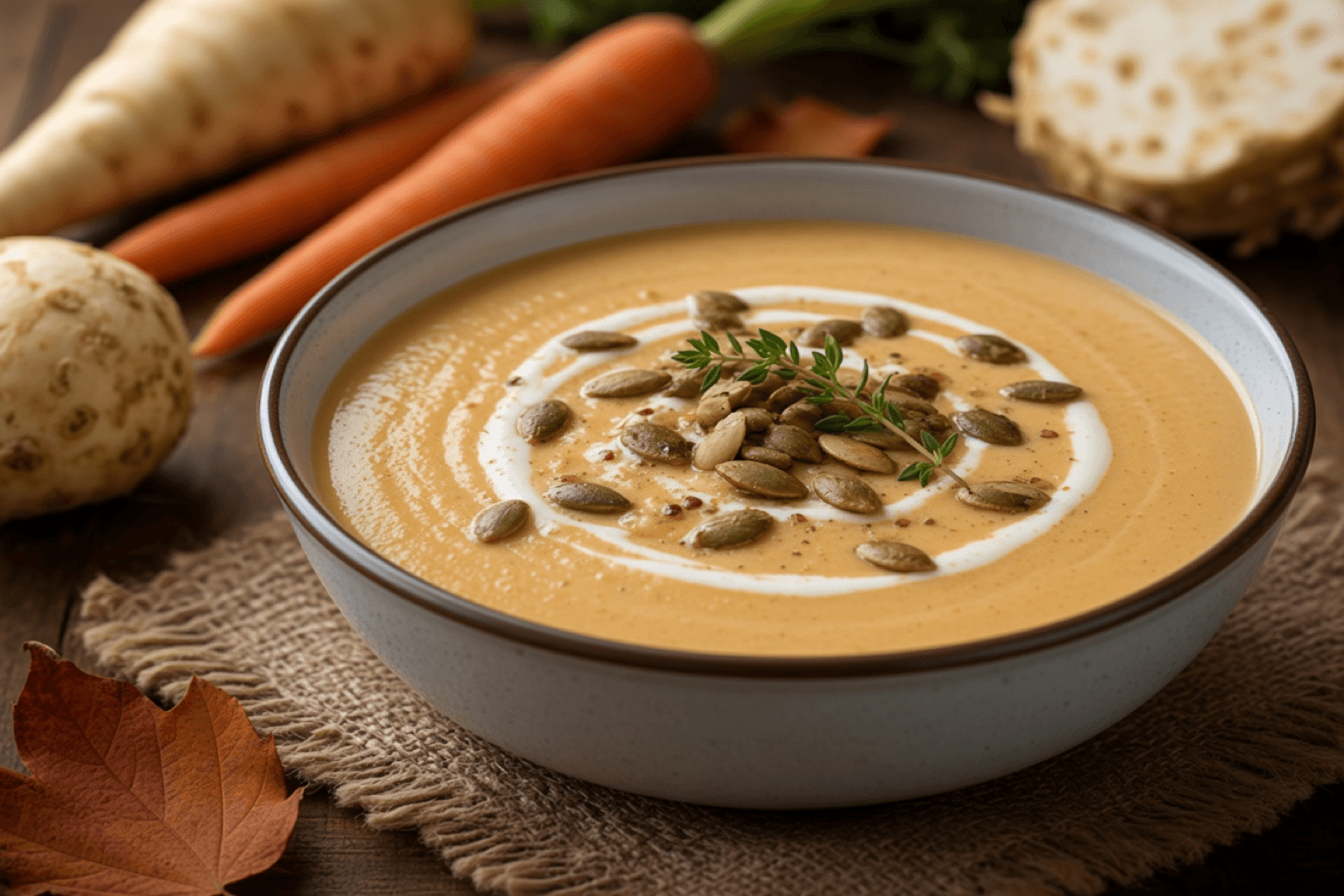 Cremet efterårssuppe med rodfrugt og urteolie