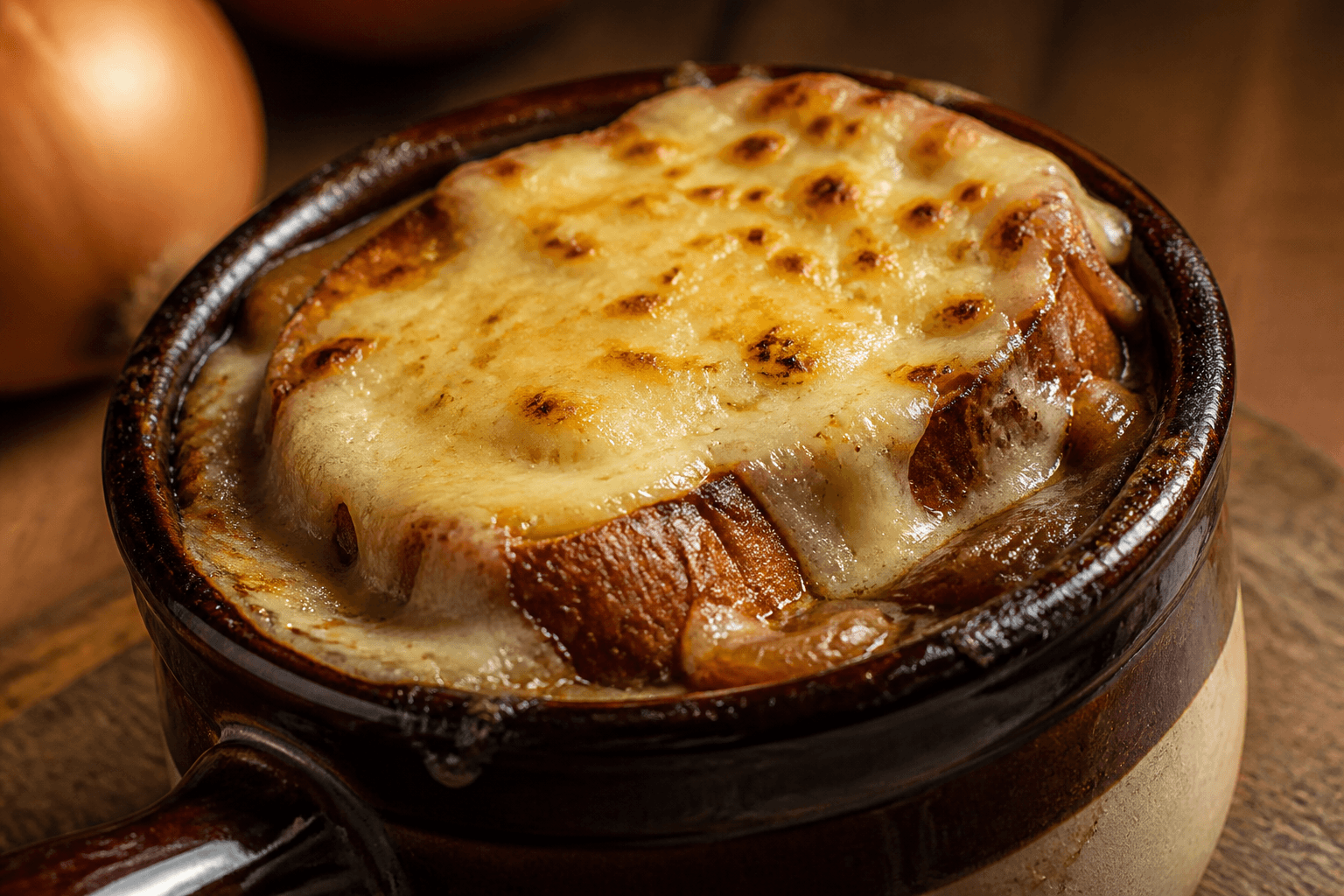 Fransk løgsuppe gratineret med gruyère