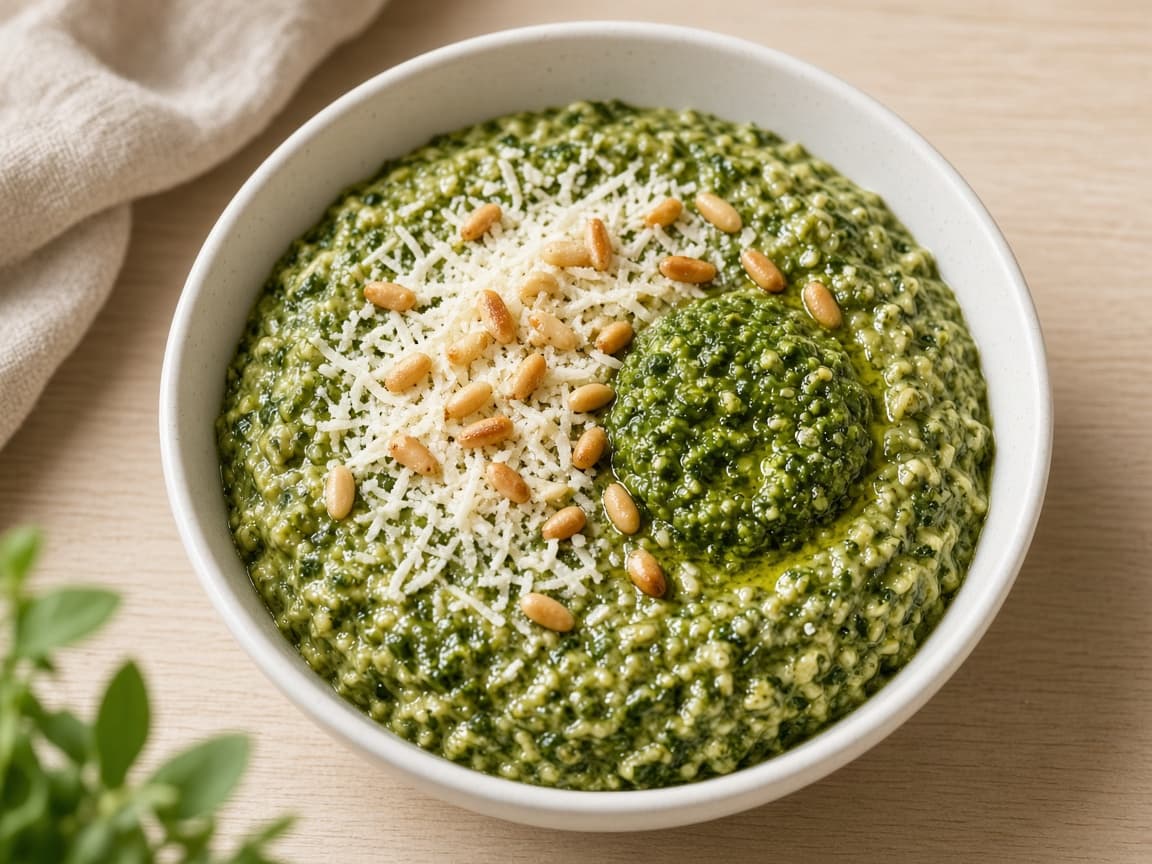 Grøn pesto-havregrød med parmesan og ristede pinjekerner