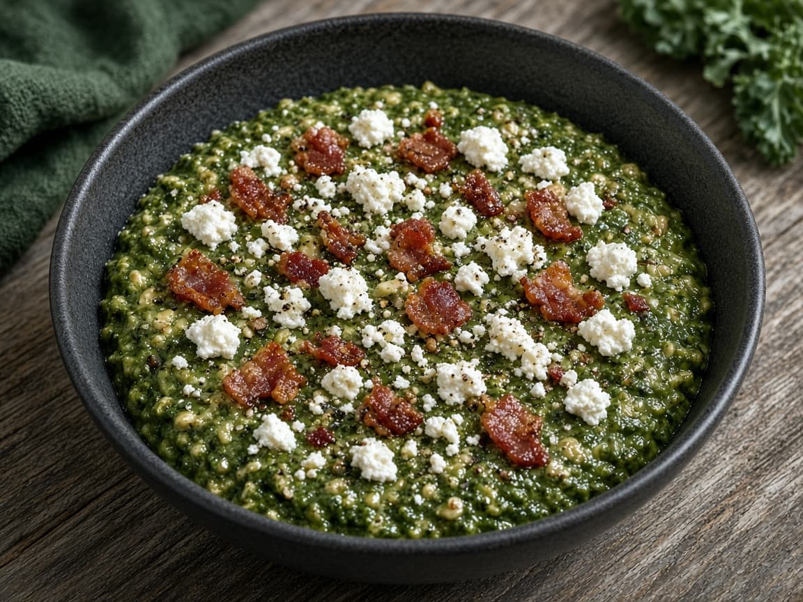 Grøn grønkålsgrød toppet med feta og sprød bacon