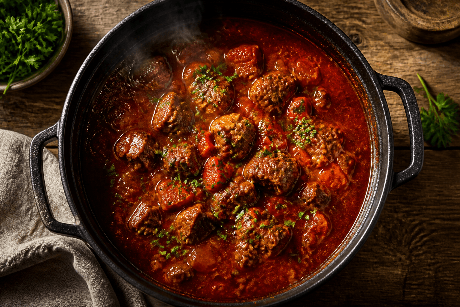 Rød gulaschsuppe med oksekød, kartofler og paprika