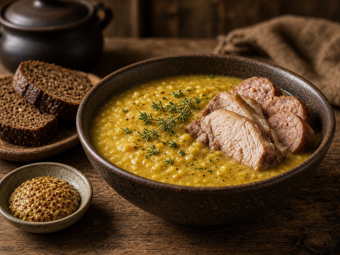 Tyk gule ærter-suppe med flæsk og pølse på tallerkenen