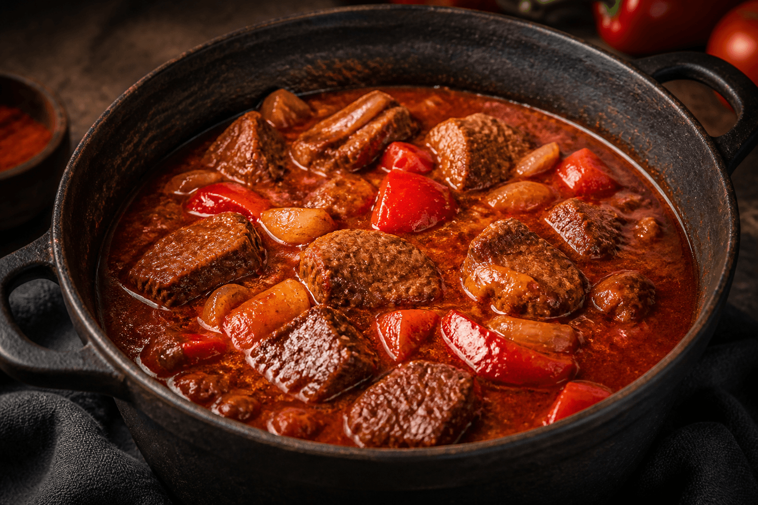 Dyb rød gullasch i gryde med paprika og oksekød