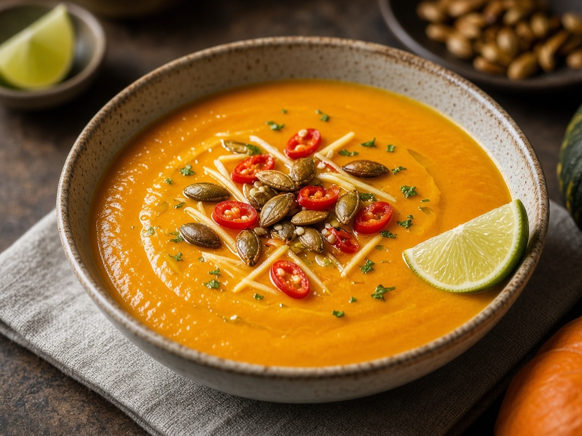 Cremet orange Hokkaido-suppe med ristede græskarkerner og lime