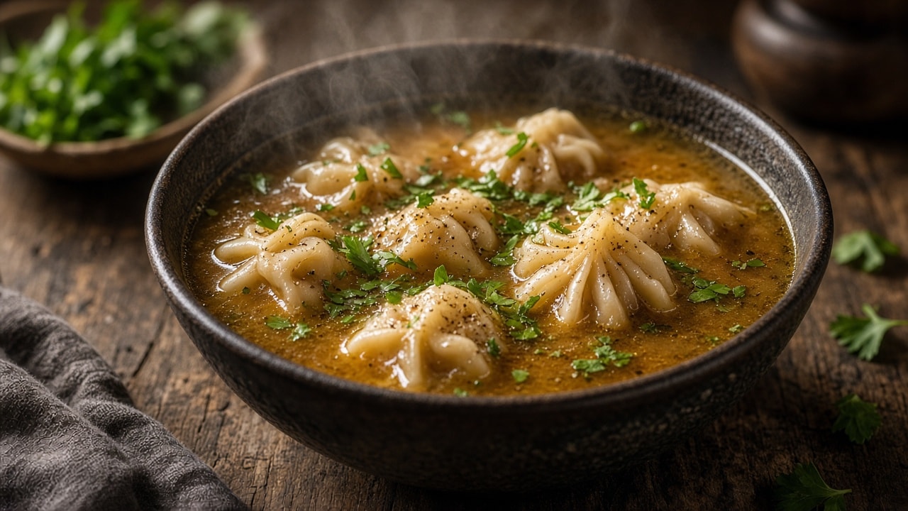 Hytteost-dumplings i dampende kødsuppe