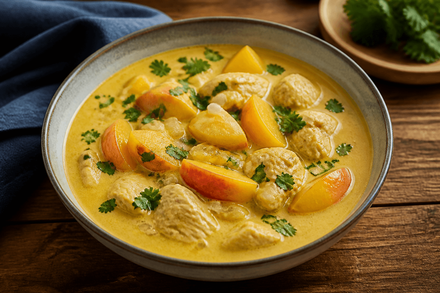 Cremet karrysuppe med kyllingestykker og fersken