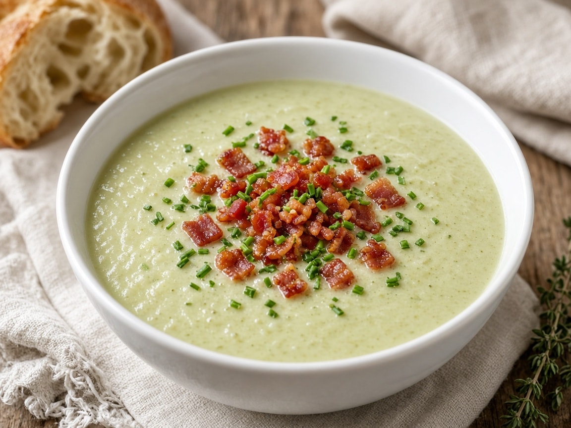 Cremet kartoffel-porresuppe toppet med sprød bacon og purløg