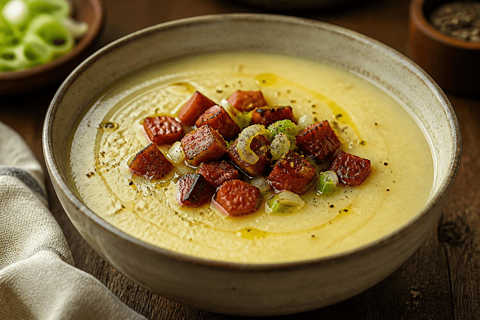 Cremét kartoffelsuppe med porrer og chorizotern