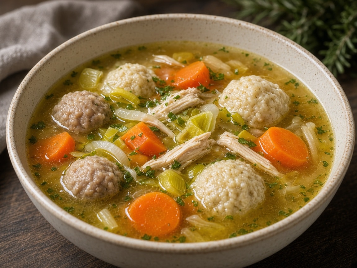 Klar hønsekødssuppe med gulerødder, porrer, kød- og melboller