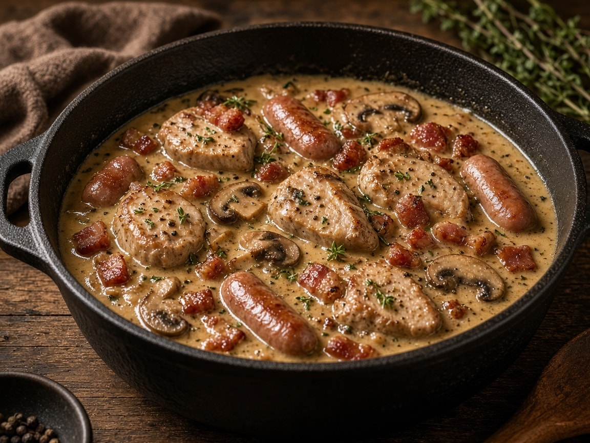 Cremet mørbradgryde med bacon, cocktailpølser og svampe