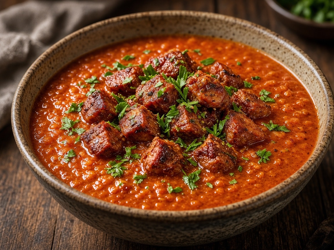 Rødlig linsesuppe med chorizotern og frisk persille