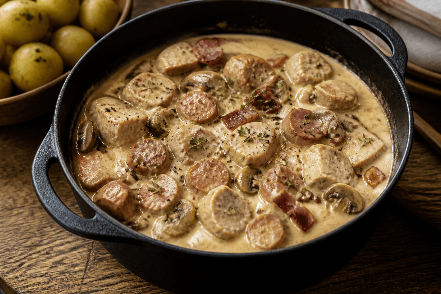 Cremet mørbradgryde med bacon og pølsestykker i gryde