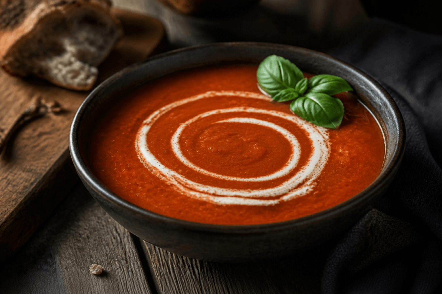 Cremet tomatsuppe i skål med flødesvirvel og basilikum