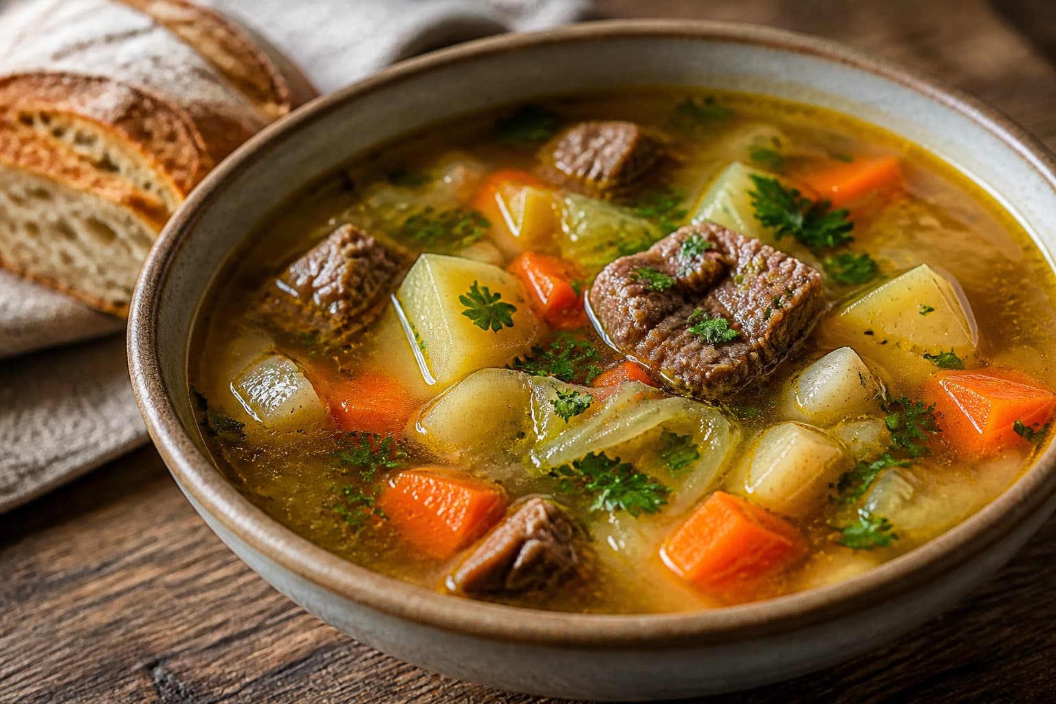 Klar oksekødssuppe med grøntsager, melboller og kødboller