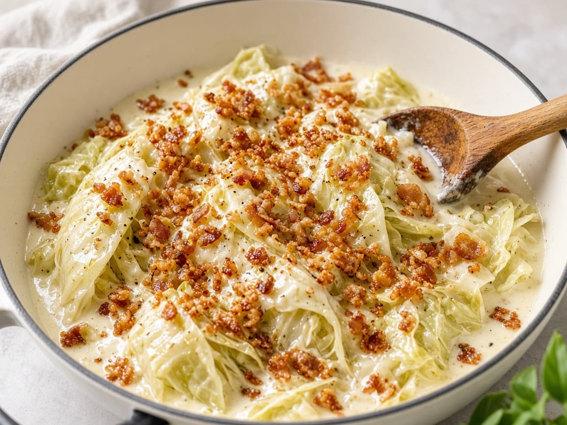 Flødestuvet spidskål med sprøde bacondrys