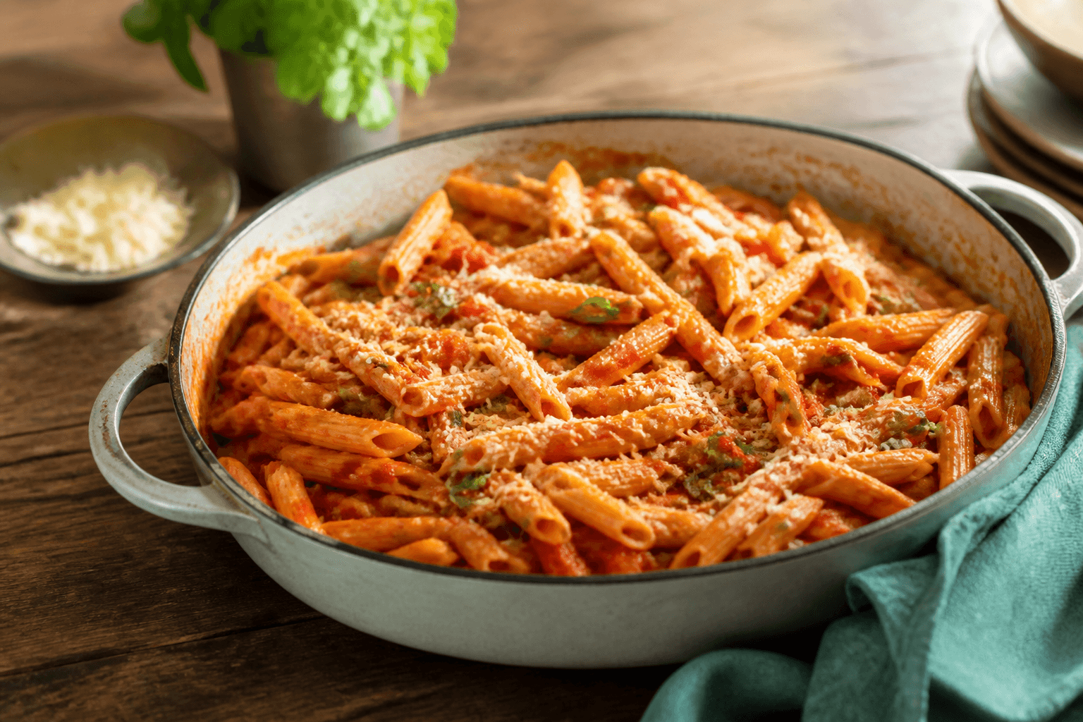 One pot pasta i gryde med tomat, basilikum og parmesan