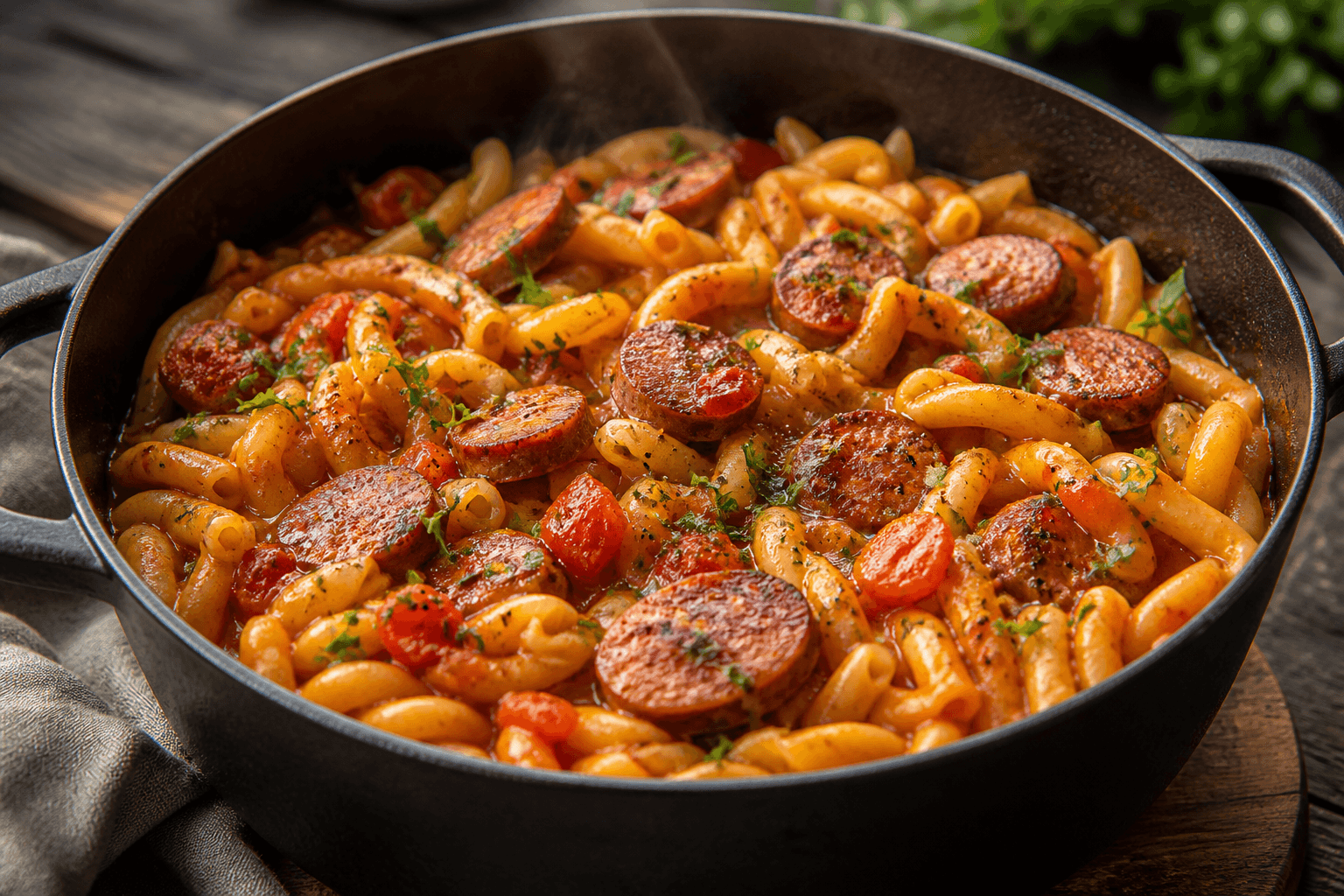 One-pot pølseret med pasta og tomatsauce i gryde