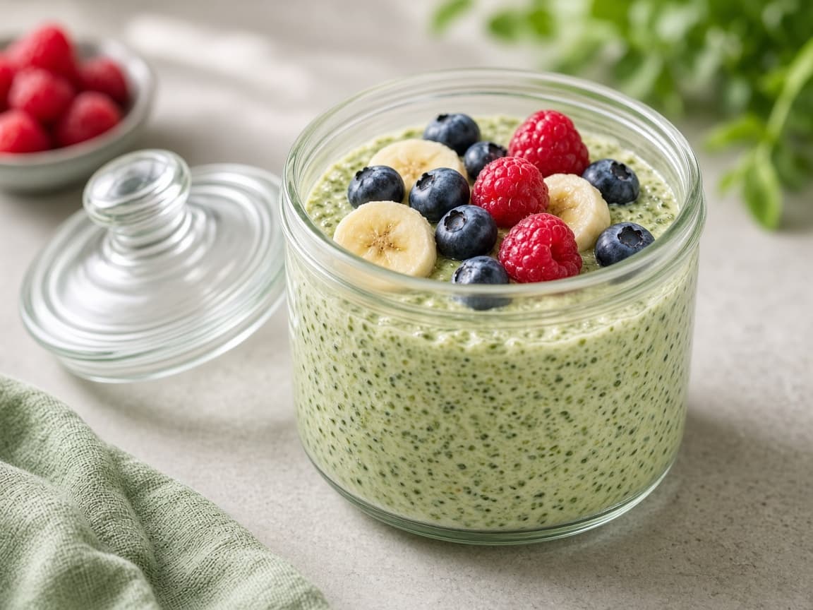 Overnight grøn oats i glas med spinat, skyr og bær
