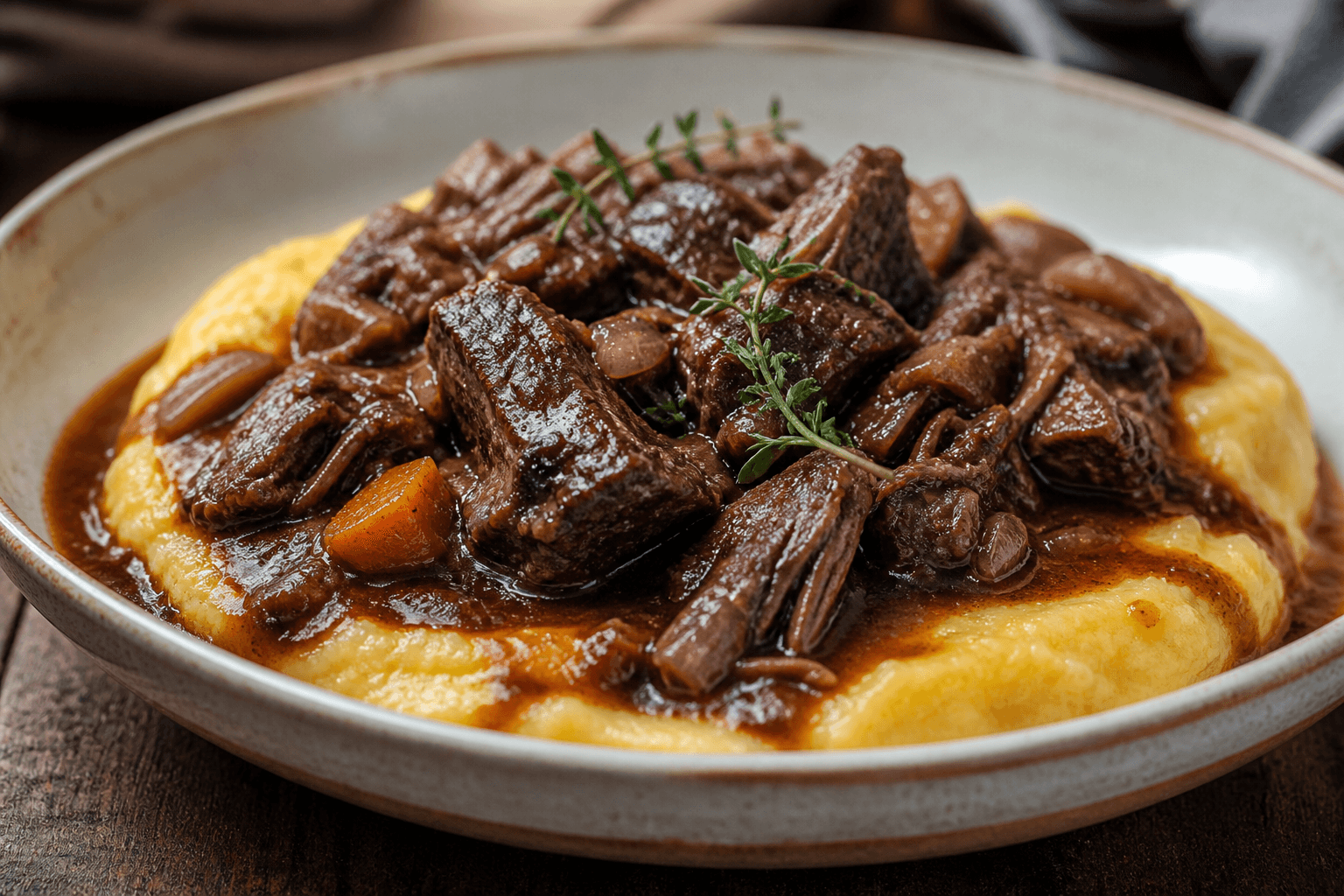 Cremét polenta toppet med braiseret oksekød og skysovs