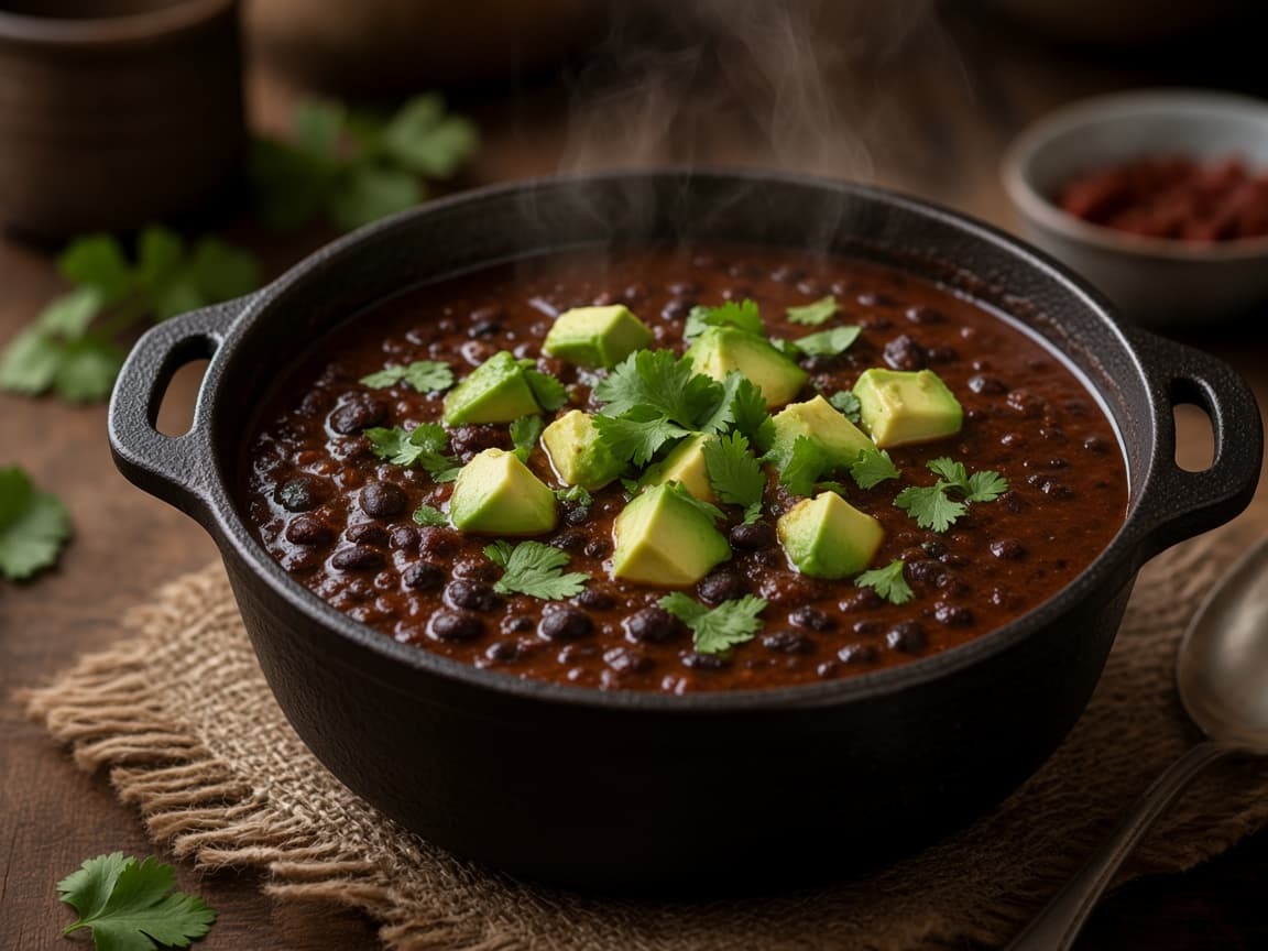 Mørk sort bønne-chili i gryde med avocado og koriander