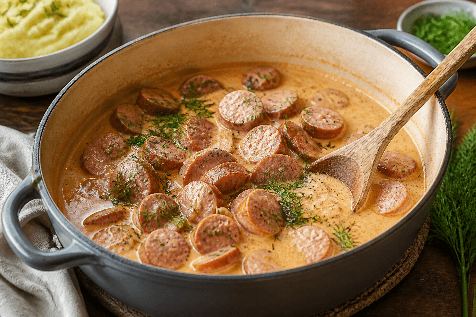 Svensk pølseret med cremet sauce og frisk dild