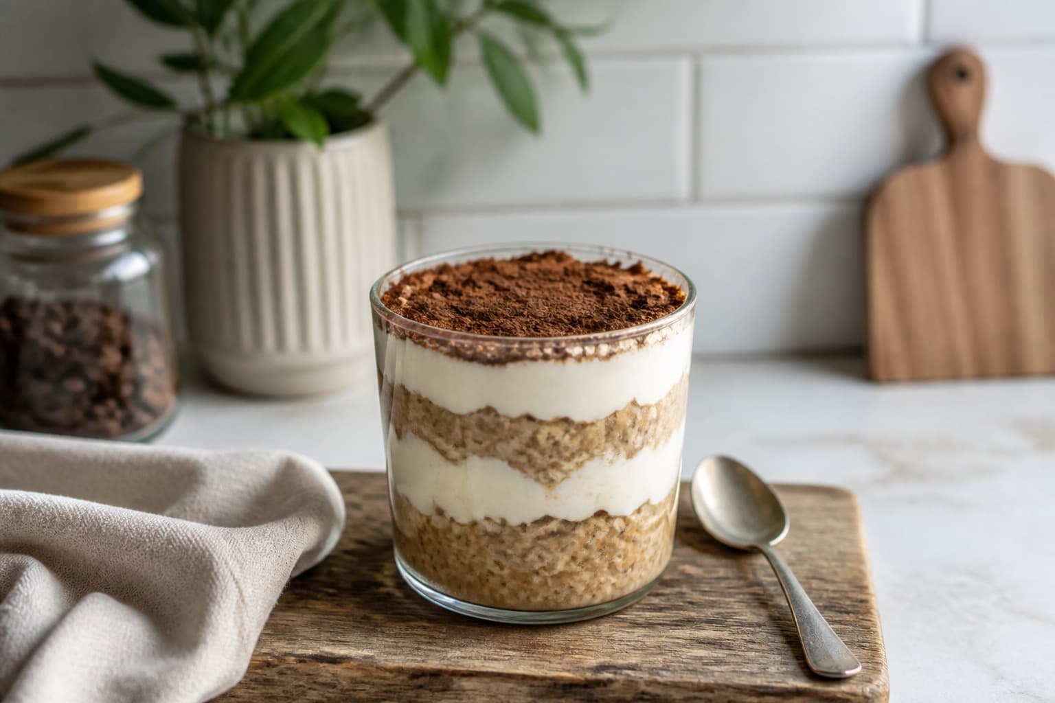 Tiramisu overnight oats i glas med kakaodrys
