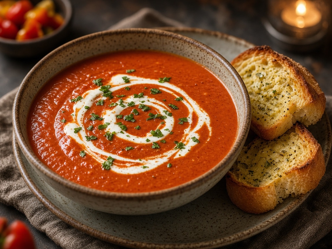 Cremet rød tomatsuppe med bagte peberfrugter og et skvæt fløde
