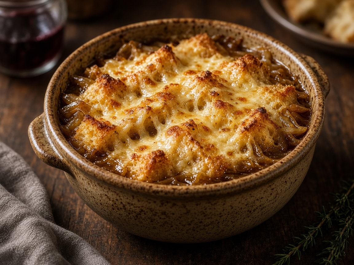 Fransk løgsuppe i skål med ostegratineret brød ovenpå