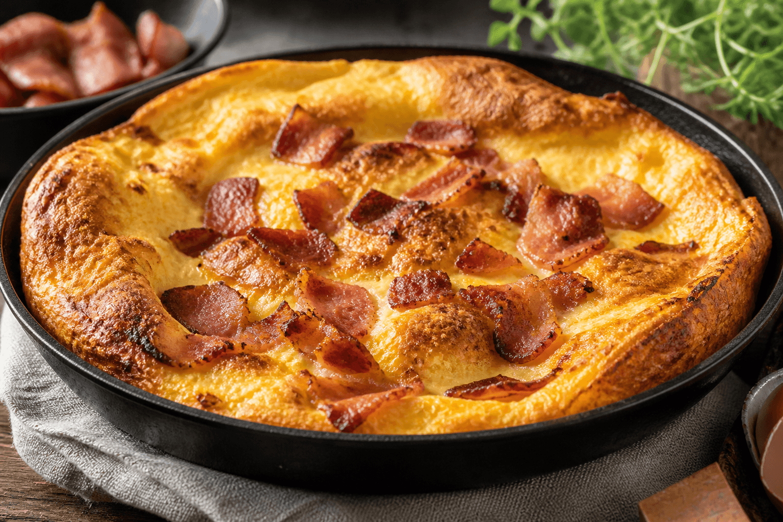 Fluffy æggekage fra ovn med bacon