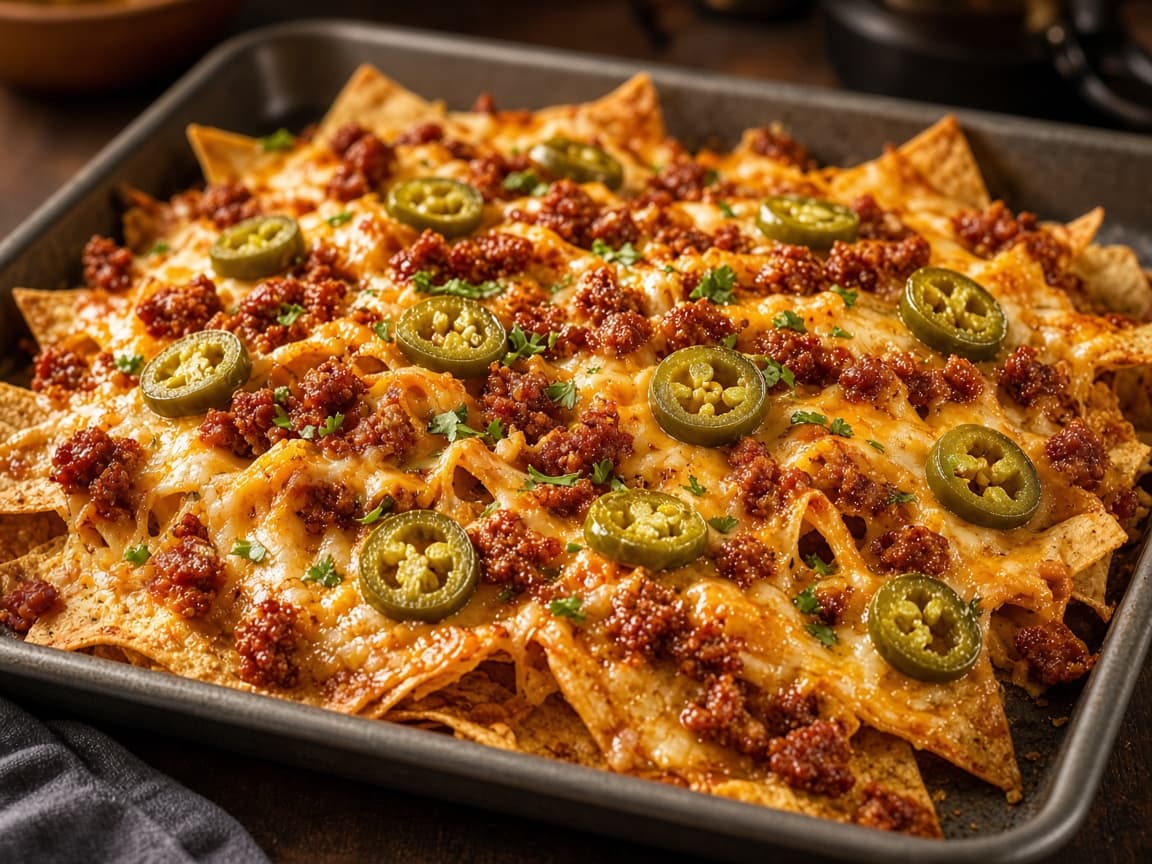 Nachos med chorizo og smeltet ost fra ovnen