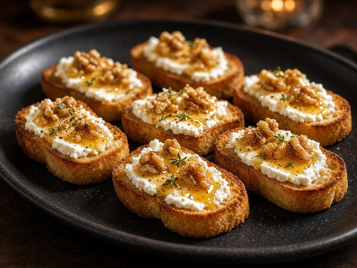 Crostini med gedeost, honning og valnødder