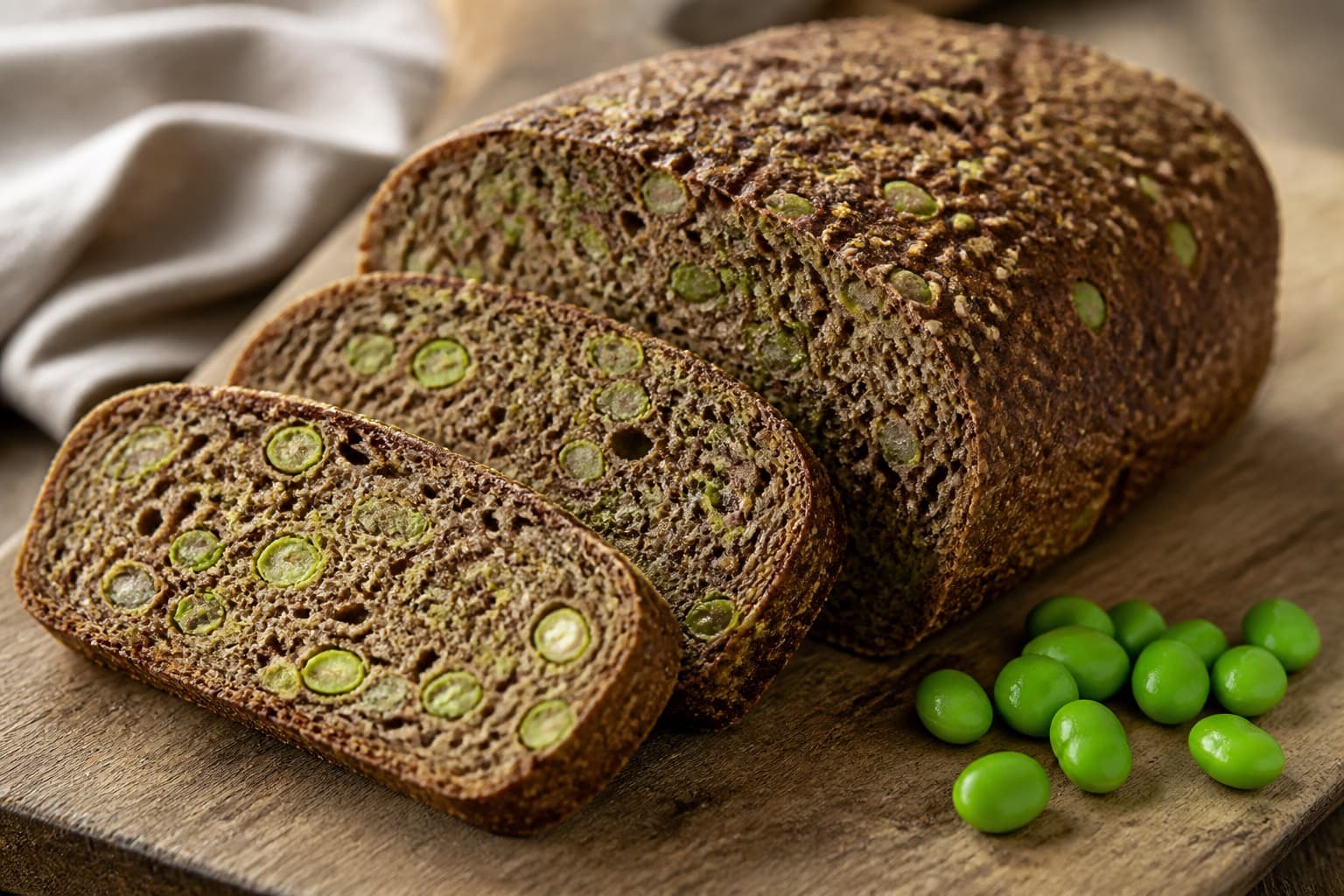 Groft rugbrød med hakkede edamamebønner i krummen