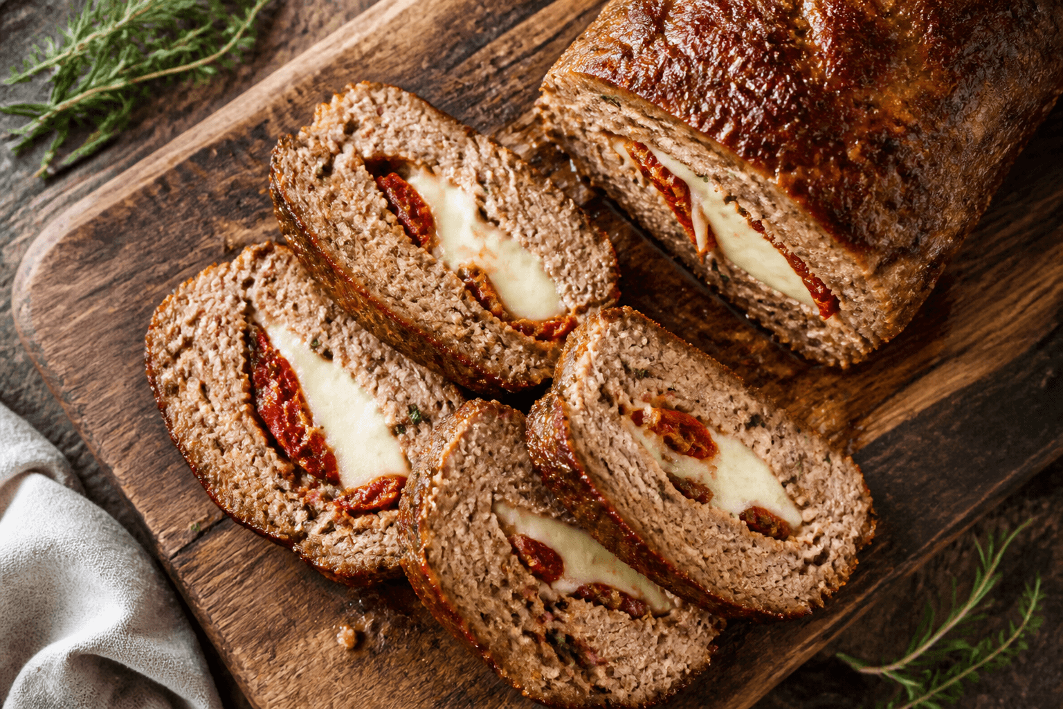 Farsbrød skåret i skiver med tomat og mozzarella i midten