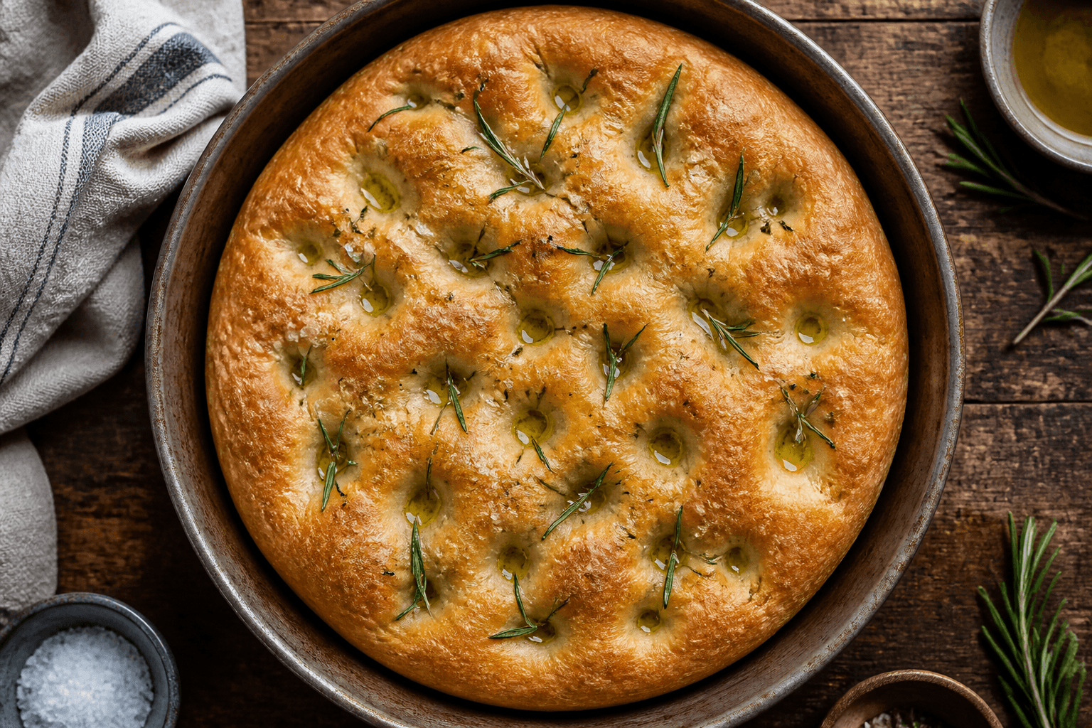 Focaccia med hytteost, rosmarin og flagesalt