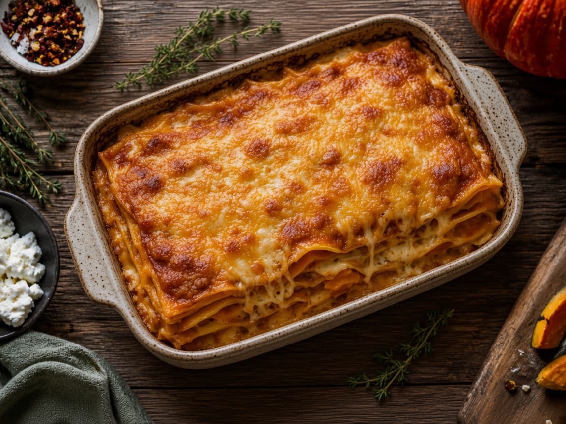 Græskar-lasagne i fad med gylden osteskorpe