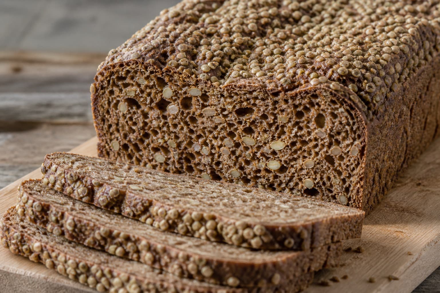 Rugbrød tæt med afskallede hampfrø