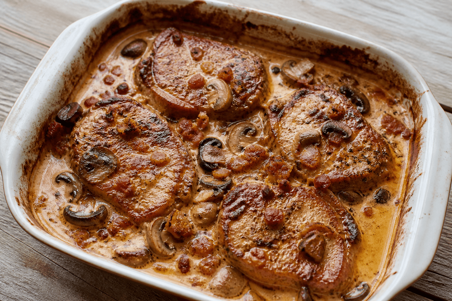 Ovnstegte koteletter i fad med bacon, champignon og paprikasovs