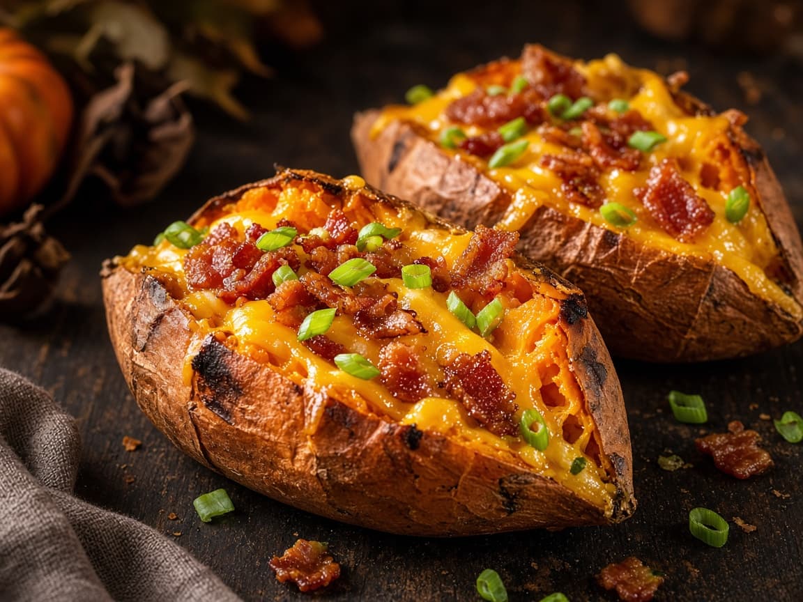 Bagte søde kartofler med bacon og cheddar