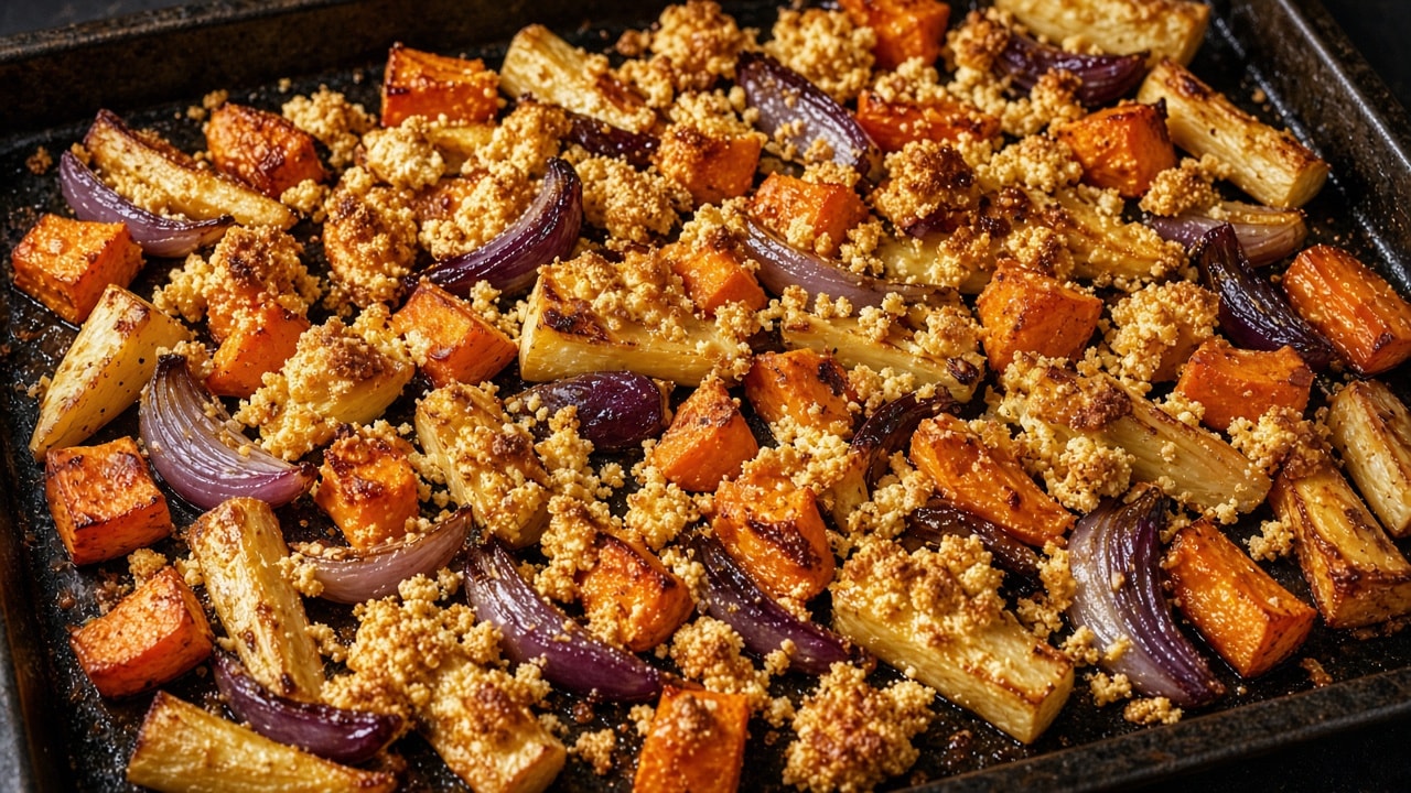Ristede rodfrugter med gylden hytteost-crumble