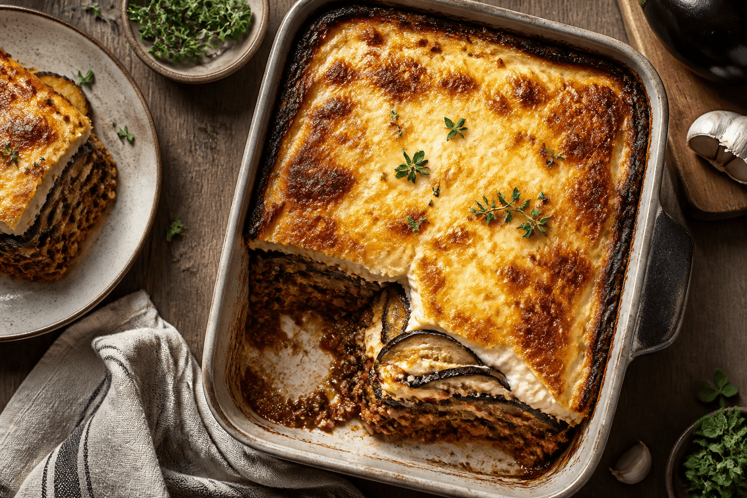 Moussaka med aubergine, lam og gylden béchamel