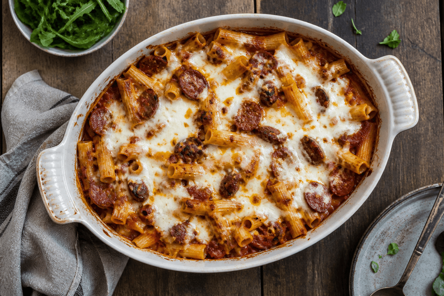 Gratineret pastafad med chorizo og smeltet mozzarella