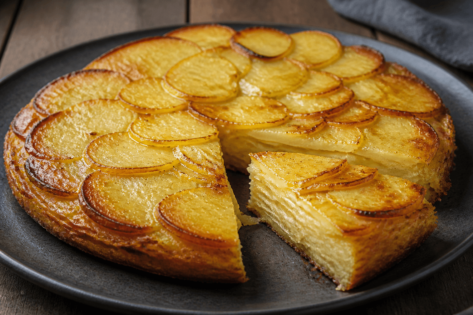 Pommes Anna skåret i kage med gyldne kartoffellag