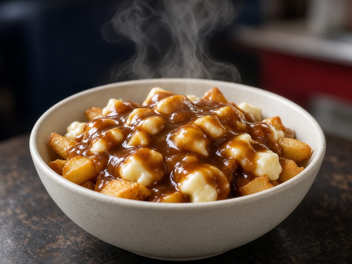 Poutine med grovfritter, cheese curds og brun sovs