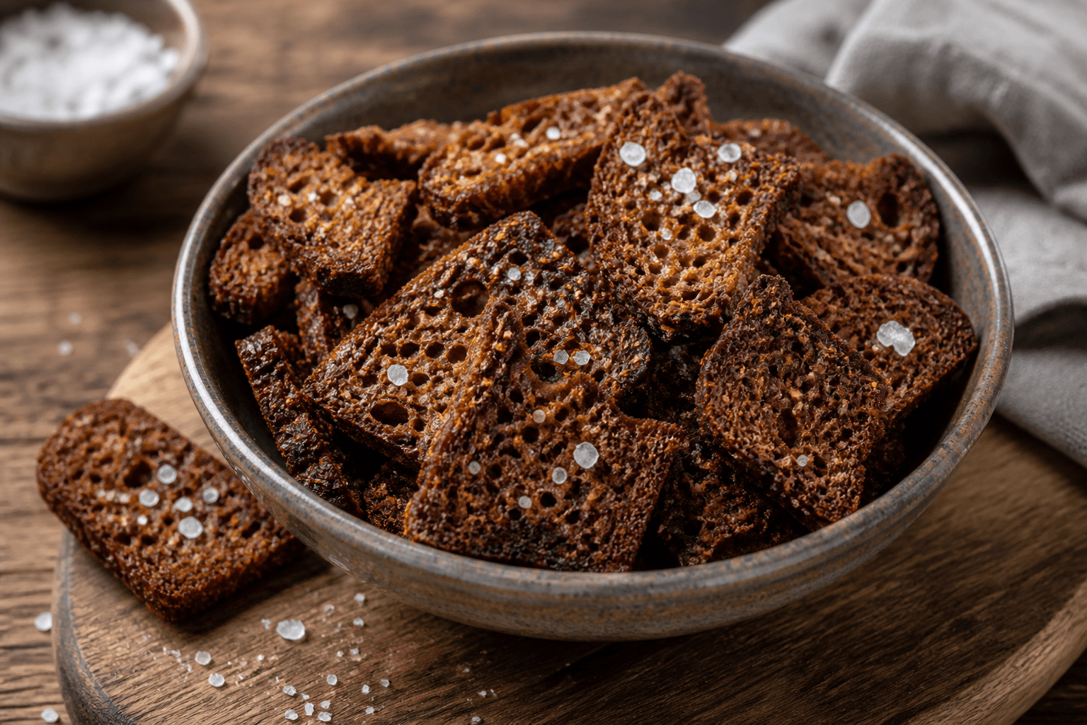 Sprøde hjemmelavede rugbrødschips med havsalt