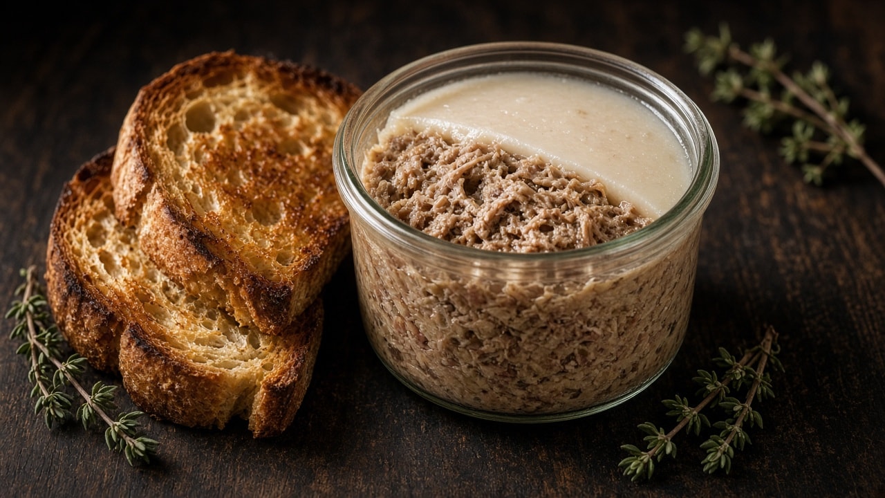 Ande-rillette i glas med fedtlag og rugbrød ved siden