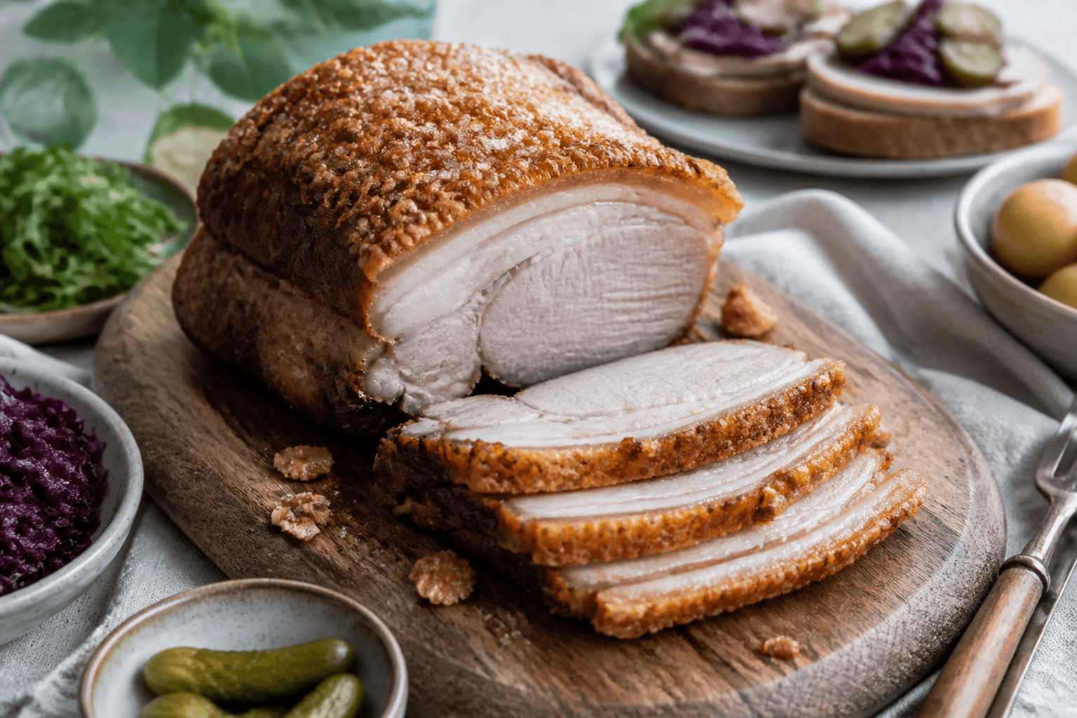 Flæskesteg med sprød svær skåret til smørrebrød