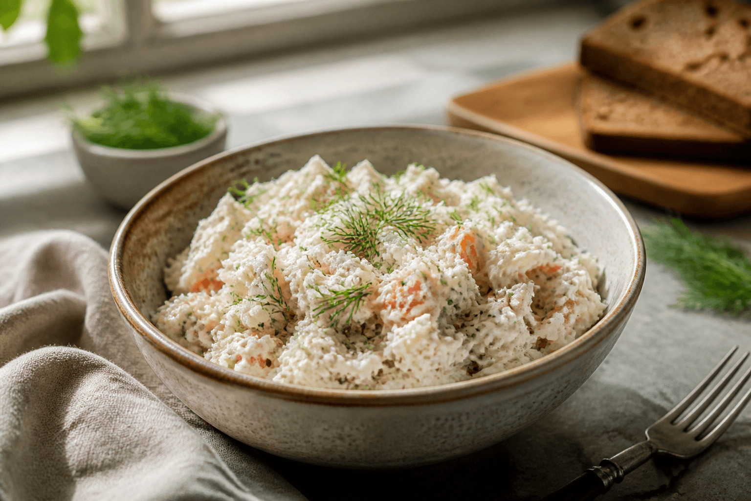 Skål med cremet krabbesalat med dild